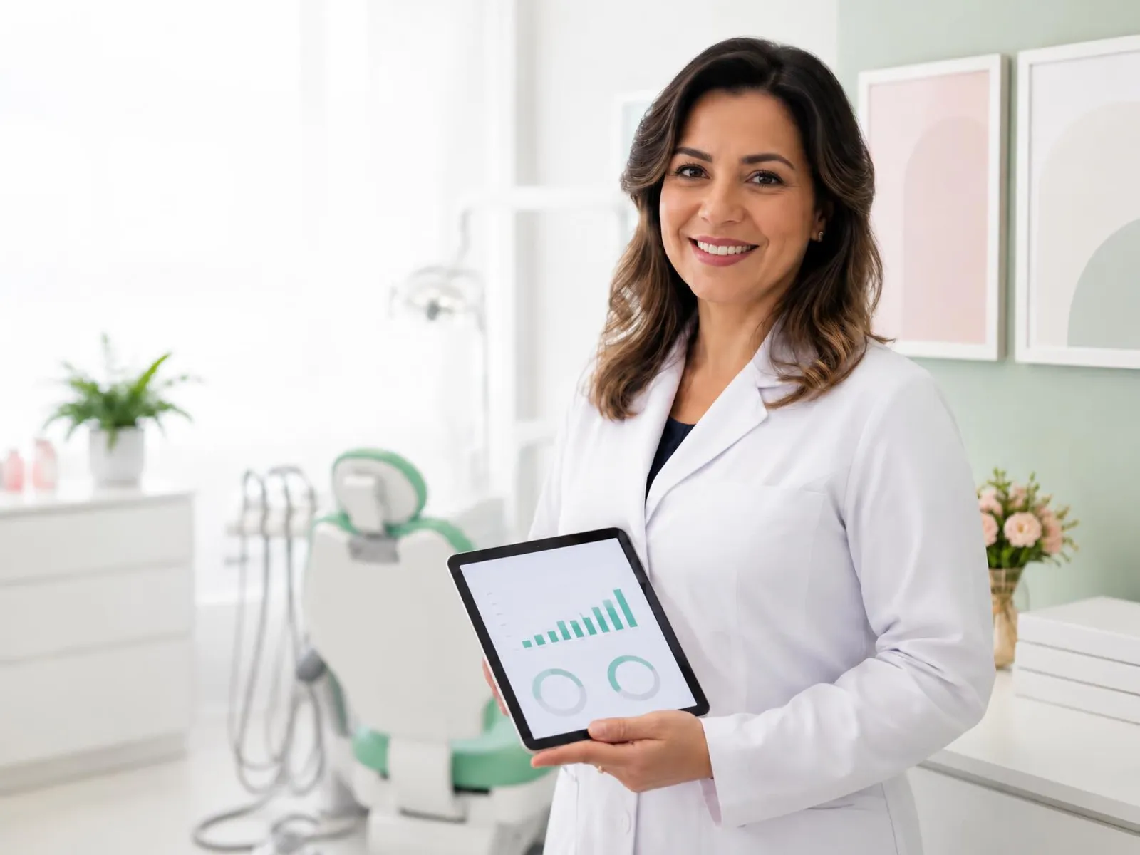 Dentista em consultório moderno acompanhando os resultados financeiros da clínica