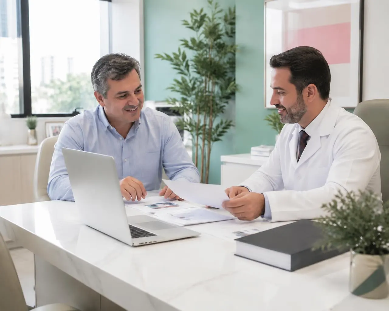Contador em reunião com dentista analisando documentos da clínica